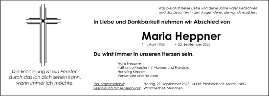 Traueranzeige von Maria Heppner von Gesamtausgabe Nürnberger Nachrichten/ Nürnberger Ztg.