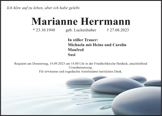 Traueranzeige von Marianne Herrmann von Roth-Hilpoltsteiner Volkszeitung Lokal