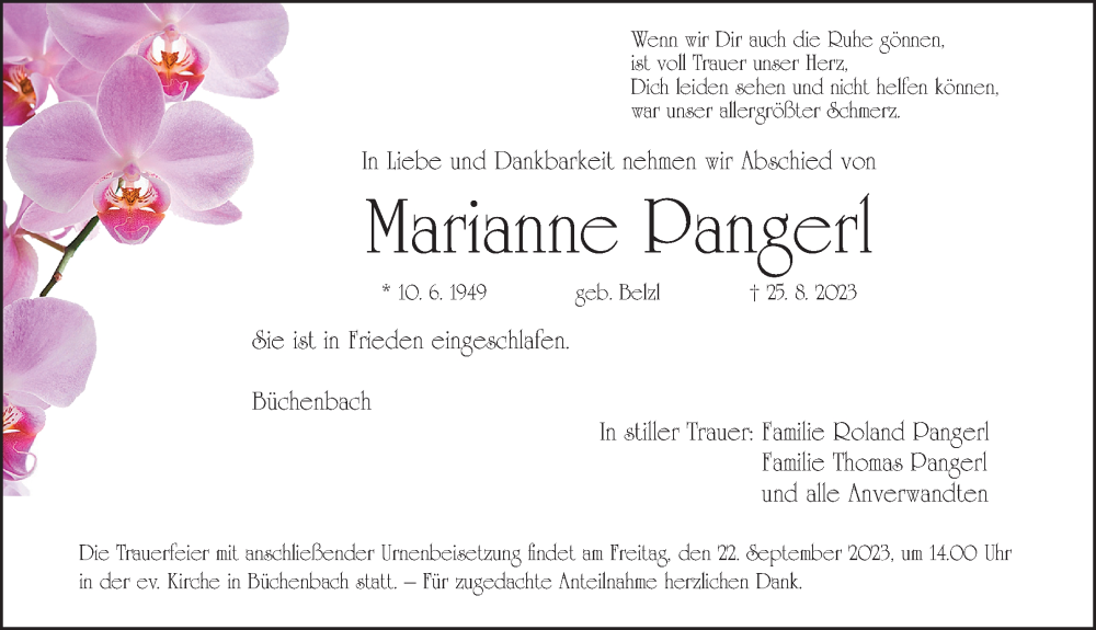  Traueranzeige für Marianne Pangerl vom 16.09.2023 aus Roth-Hilpoltsteiner Volkszeitung/ Schwabach