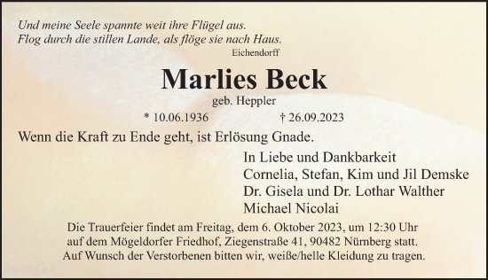 Traueranzeige von Marlies Beck von Gesamtausgabe Nürnberger Nachrichten/ Nürnberger Ztg.