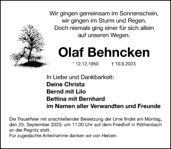 Traueranzeige von Olaf Behncken von Gesamtausgabe Nürnberger Nachrichten/ Nürnberger Ztg.