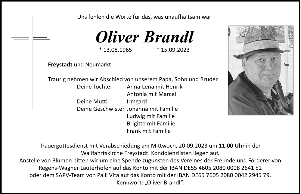  Traueranzeige für Oliver Brandl vom 19.09.2023 aus Neumarkter Nachrichten Lokal