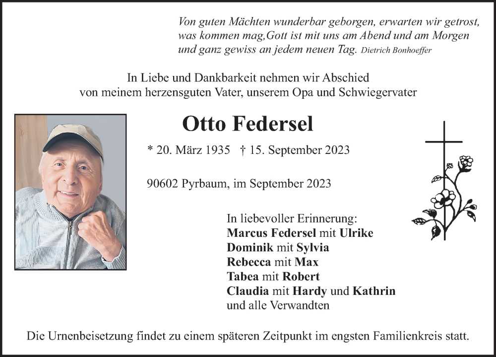  Traueranzeige für Otto Federsel vom 19.09.2023 aus Neumarkter Nachrichten Lokal