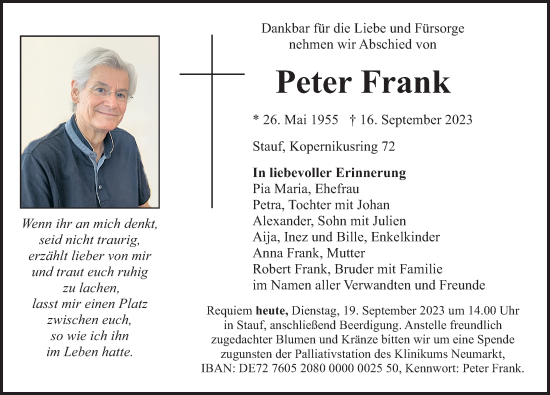 Traueranzeige von Peter Frank von Neumarkter Nachrichten Lokal
