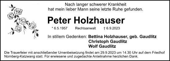 Traueranzeige von Peter Holzhauser von Gesamtausgabe Nürnberger Nachrichten/ Nürnberger Ztg.