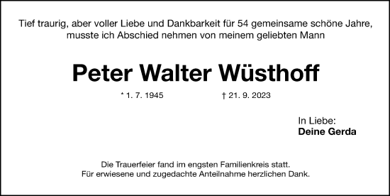Traueranzeige von Peter Walter Wüsthoff von Gesamtausgabe Nürnberger Nachrichten/ Nürnberger Ztg.