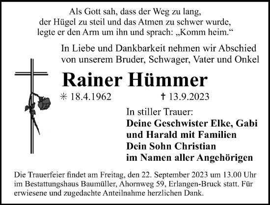 Traueranzeige von Rainer Hümmer von Erlanger Nachrichten Lokal