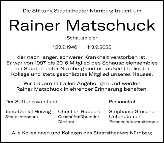 Traueranzeige von Rainer Matschuck von Gesamtausgabe Nürnberger Nachrichten/ Nürnberger Ztg.