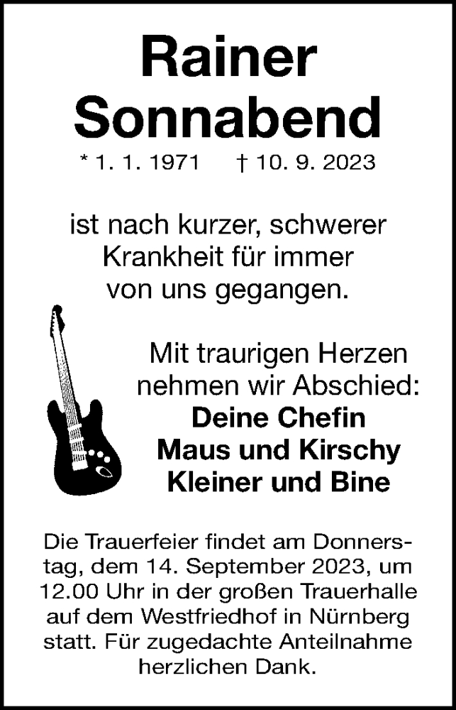  Traueranzeige für Rainer Sonnabend vom 13.09.2023 aus Gesamtausgabe Nürnberger Nachrichten/ Nürnberger Ztg.