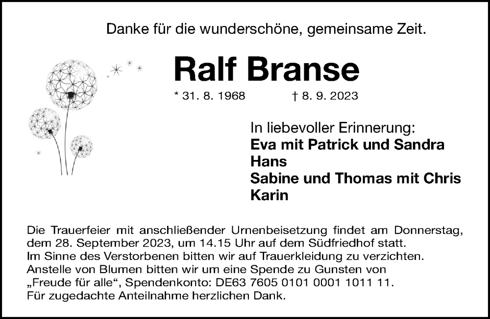  Traueranzeige für Ralf Branse vom 23.09.2023 aus Gesamtausgabe Nürnberger Nachrichten/ Nürnberger Ztg.