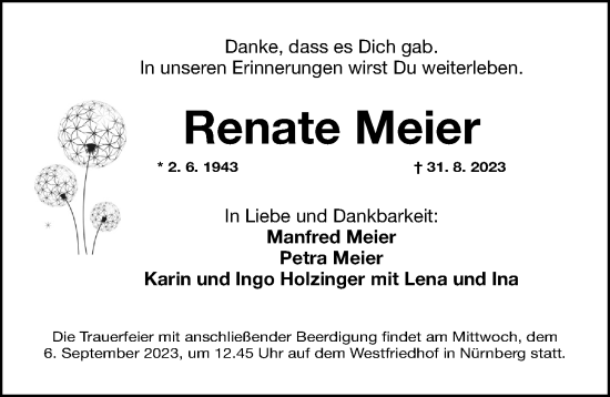 Traueranzeige von Renate Meier von Gesamtausgabe Nürnberger Nachrichten/ Nürnberger Ztg.