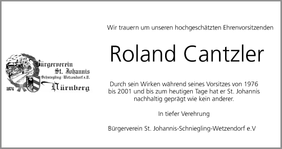 Traueranzeige von Roland Cantzler von Gesamtausgabe Nürnberger Nachrichten/ Nürnberger Ztg.