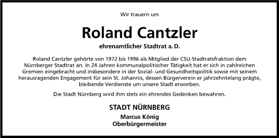 Traueranzeige von Roland Cantzler von Gesamtausgabe Nürnberger Nachrichten/ Nürnberger Ztg.