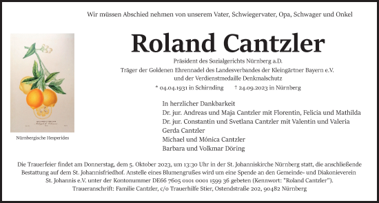 Traueranzeige von Roland Cantzler von Gesamtausgabe Nürnberger Nachrichten/ Nürnberger Ztg.