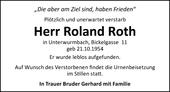 Traueranzeige von Roland Roth von Altmühl-Bote Lokal
