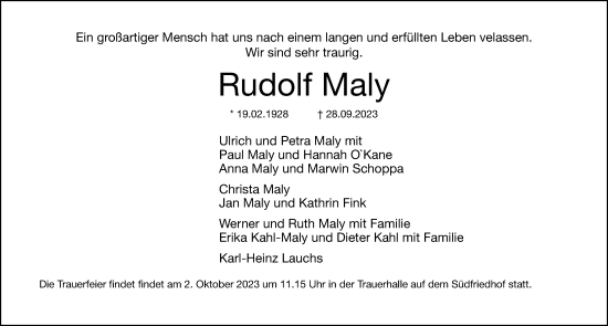 Traueranzeige von Rudolf Maly von Gesamtausgabe Nürnberger Nachrichten/ Nürnberger Ztg.