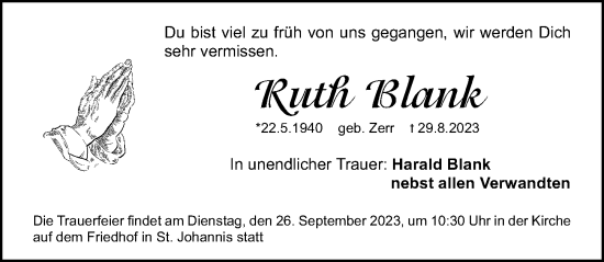 Traueranzeige von Ruth Blank von Gesamtausgabe Nürnberger Nachrichten/ Nürnberger Ztg.