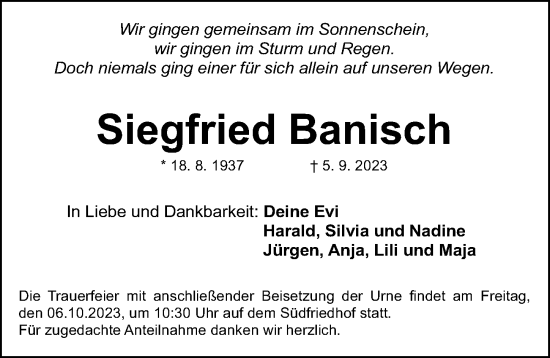 Traueranzeige von Siegfried Banisch von Gesamtausgabe Nürnberger Nachrichten/ Nürnberger Ztg.