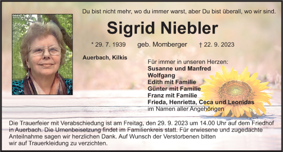 Traueranzeige von Sigrid Niebler von Nordbayerische Nachrichten Pegnitz Lokal