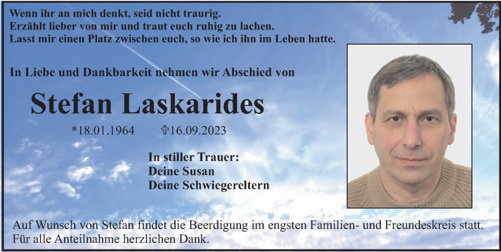  Traueranzeige für Stefan Laskarides vom 20.09.2023 aus Fürther Nachrichten Lokal