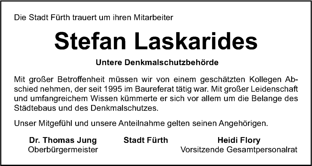  Traueranzeige für Stefan Laskarides vom 26.09.2023 aus Fürther Nachrichten Lokal