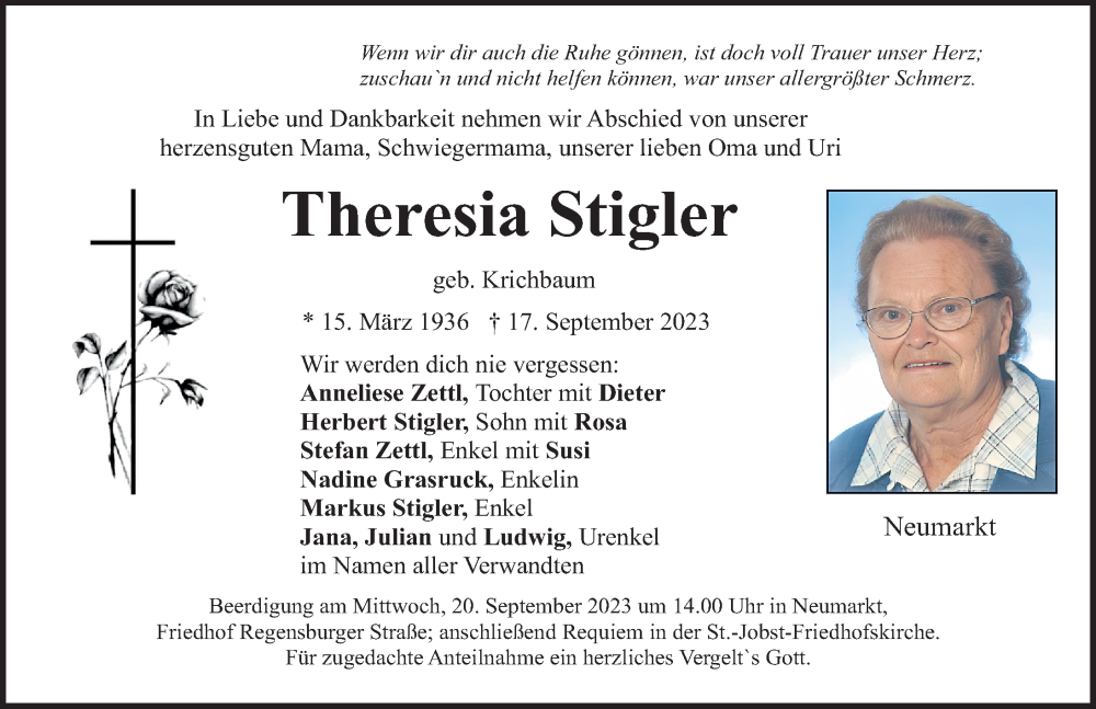  Traueranzeige für Theresia Stigler vom 19.09.2023 aus Neumarkter Nachrichten Lokal