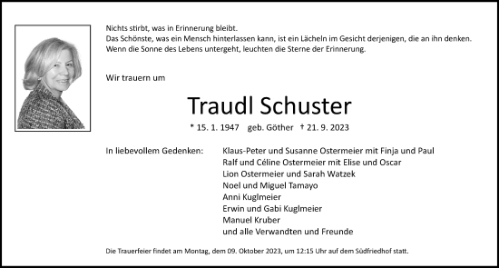 Traueranzeige von Traudl Schuster von Gesamtausgabe Nürnberger Nachrichten/ Nürnberger Ztg.