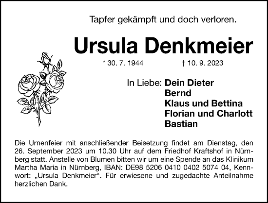 Traueranzeige von Ursula Denkmeier von Gesamtausgabe Nürnberger Nachrichten/ Nürnberger Ztg.