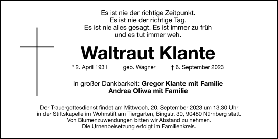 Traueranzeige von Waltraut Klante von Gesamtausgabe Nürnberger Nachrichten/ Nürnberger Ztg.