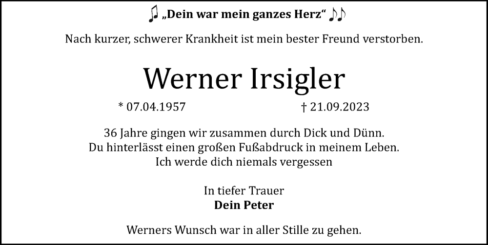  Traueranzeige für Werner Irsigler vom 30.09.2023 aus Gesamtausgabe Nürnberger Nachrichten/ Nürnberger Ztg.