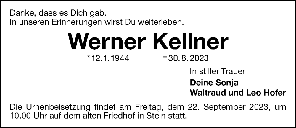  Traueranzeige für Werner Kellner vom 20.09.2023 aus Schwabacher Tagblatt Lokal