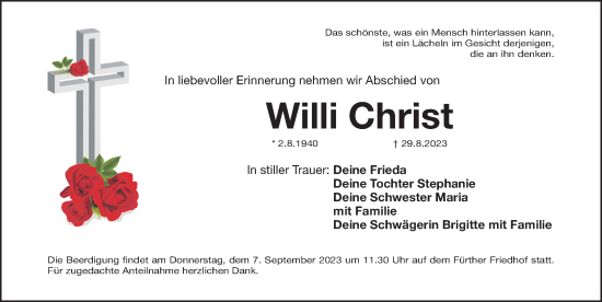 Traueranzeige von Willi Christ von Fürther Nachrichten Lokal