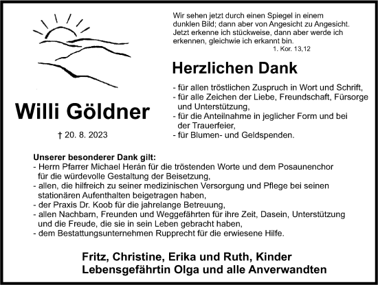 Traueranzeige von Willi Göldner von Nordbayerische Nachrichten Pegnitz Lokal