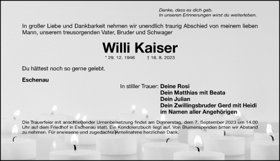 Traueranzeige von Willi Kaiser von Gesamtausgabe Nürnberger Nachrichten/ Nürnberger Ztg.