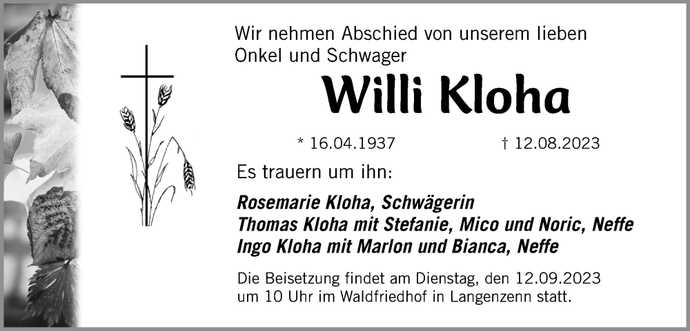  Traueranzeige für Willi Kloha vom 11.09.2023 aus Fürther Nachrichten Lokal