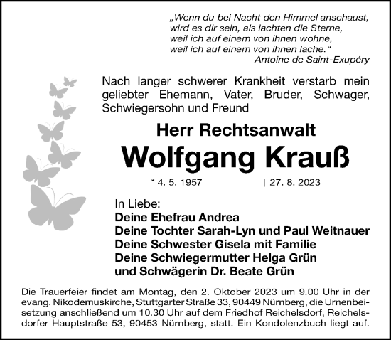 Traueranzeige von Wolfgang Krauß von Gesamtausgabe Nürnberger Nachrichten/ Nürnberger Ztg.