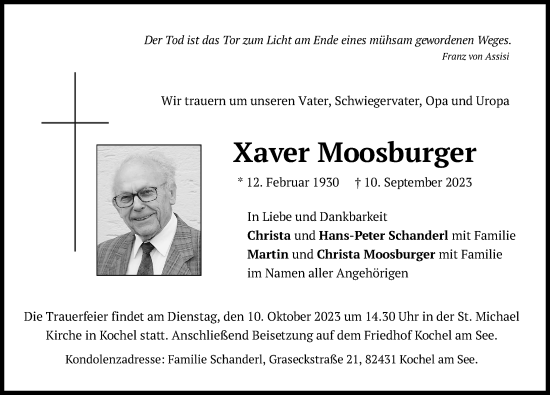 Traueranzeige von Xaver Moosburger von Gesamtausgabe Nürnberger Nachrichten/ Nürnberger Ztg.