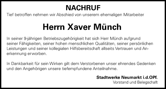 Traueranzeige von Xaver Münch von Neumarkter Nachrichten Lokal