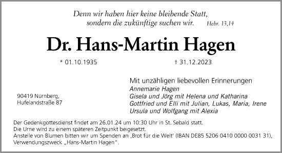Traueranzeige von Hans-Martin Hagen von Gesamtausgabe Nürnberger Nachrichten/ Nürnberger Ztg.