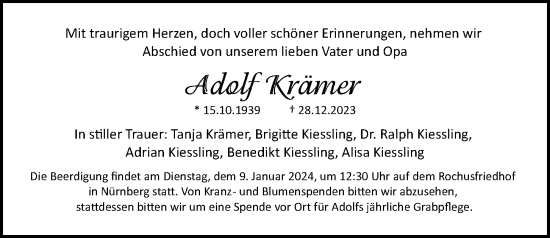 Traueranzeige von Adolf Krämer von Gesamtausgabe Nürnberger Nachrichten/ Nürnberger Ztg./ Fürther Nachrichten