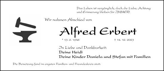 Traueranzeige von Alfred Erbert von Gesamtausgabe Nürnberger Nachrichten/ Nürnberger Ztg.
