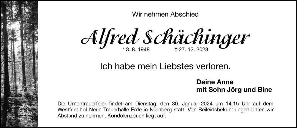  Traueranzeige für Alfred Schächinger vom 27.01.2024 aus Gesamtausgabe Nürnberger Nachrichten/ Nürnberger Ztg.