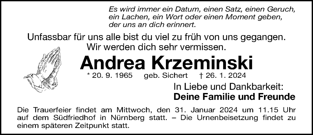  Traueranzeige für Andrea Krzeminski vom 29.01.2024 aus Gesamtausgabe Nürnberger Nachrichten/ Nürnberger Ztg.
