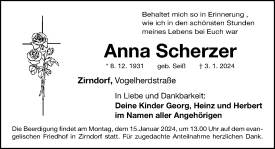 Traueranzeige von Anna Scherzer von Fürther Nachrichten Lokal