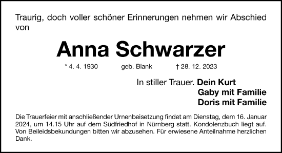 Traueranzeige von Anna Schwarzer von Gesamtausgabe Nürnberger Nachrichten/ Nürnberger Ztg.