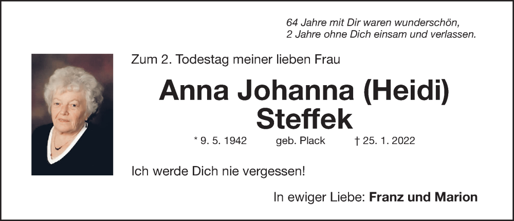  Traueranzeige für Anna Johanna Steffek vom 25.01.2024 aus Fürther Nachrichten Lokal