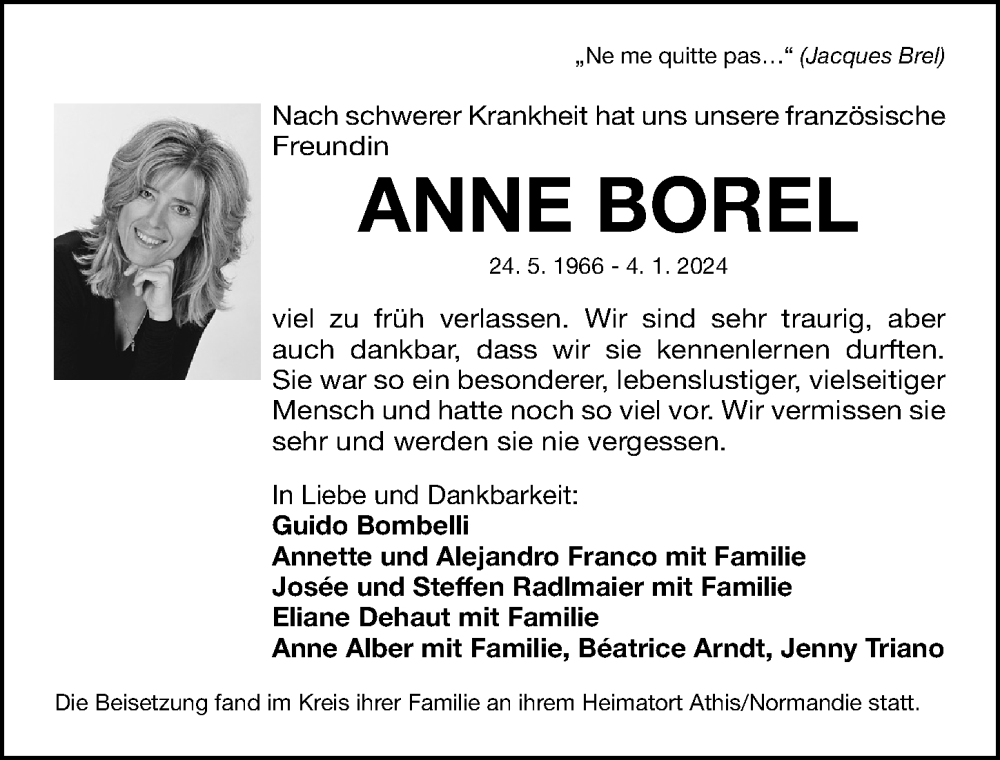  Traueranzeige für Anne Borel vom 27.01.2024 aus Gesamtausgabe Nürnberger Nachrichten/ Nürnberger Ztg.