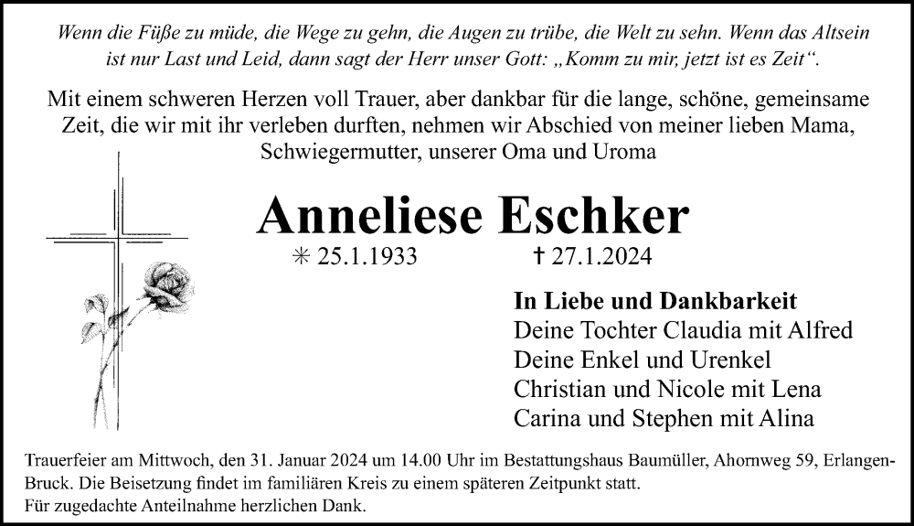  Traueranzeige für Anneliese Eschker vom 30.01.2024 aus Erlanger Nachrichten Lokal