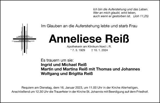 Traueranzeige von Anneliese Reiß von Gesamtausgabe Nürnberger Nachrichten/ Nürnberger Ztg.