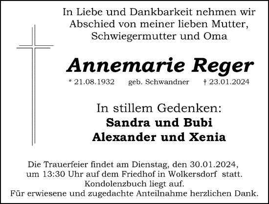 Traueranzeige von Annemarie Reger von Schwabacher Tagblatt Lokal